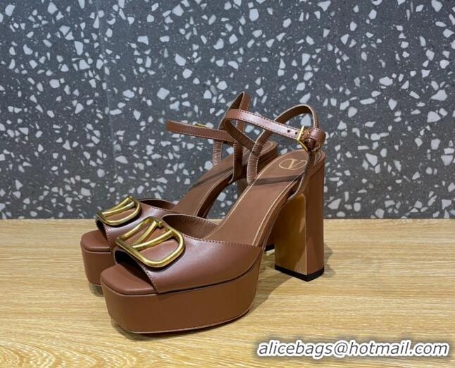 Grade Quality Valentino Calfskin Platform High Heel Sandals 11cm Brown 011117 