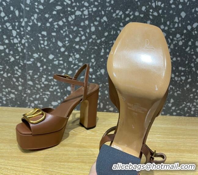 Grade Quality Valentino Calfskin Platform High Heel Sandals 11cm Brown 011117 