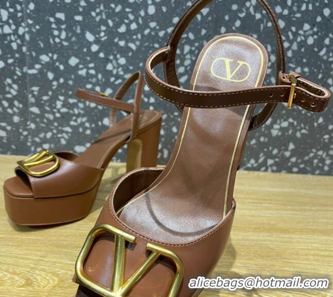 Grade Quality Valentino Calfskin Platform High Heel Sandals 11cm Brown 011117 