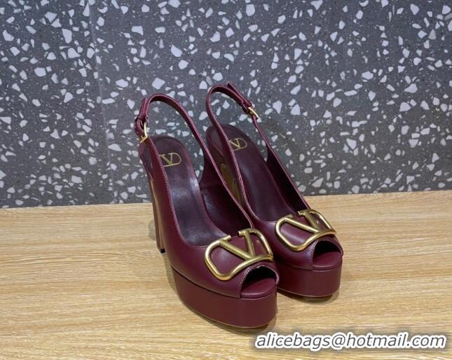 Best Price Valentino Calfskin Platform High Heel Slingback Sandals 11cm Burgundy 101203