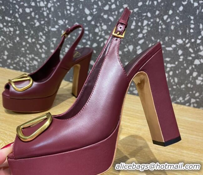 Best Price Valentino Calfskin Platform High Heel Slingback Sandals 11cm Burgundy 101203