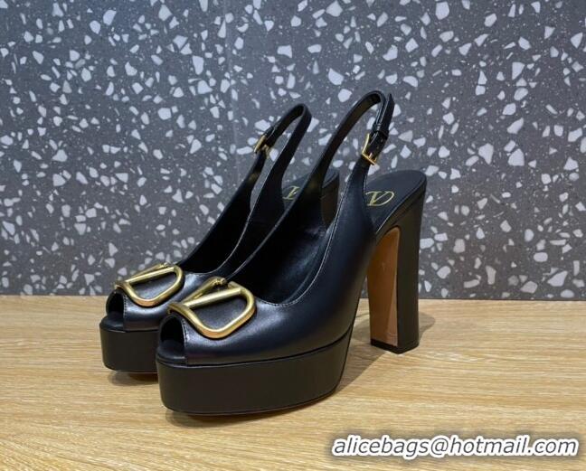 Top Design Valentino Calfskin Platform High Heel Slingback Sandals 11cm Black 101204