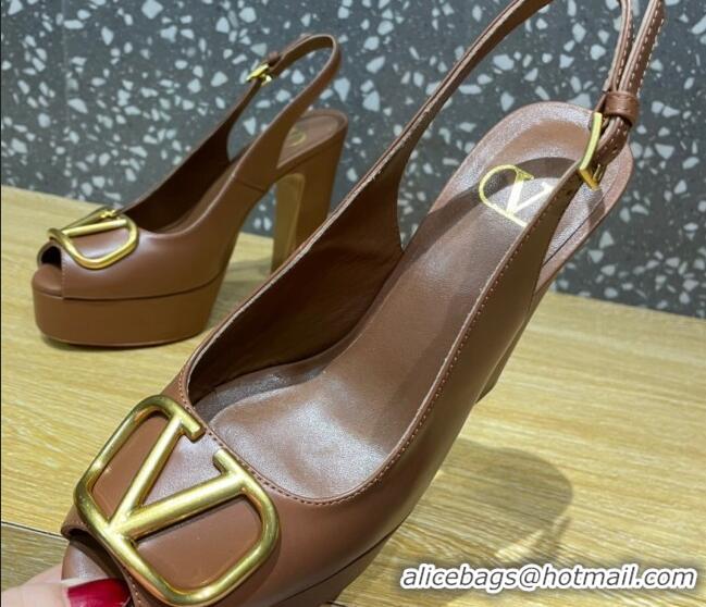 Unique Style Valentino Calfskin Platform High Heel Slingback Sandals 11cm Brown 101206