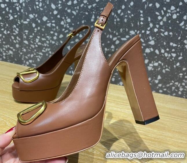 Unique Style Valentino Calfskin Platform High Heel Slingback Sandals 11cm Brown 101206