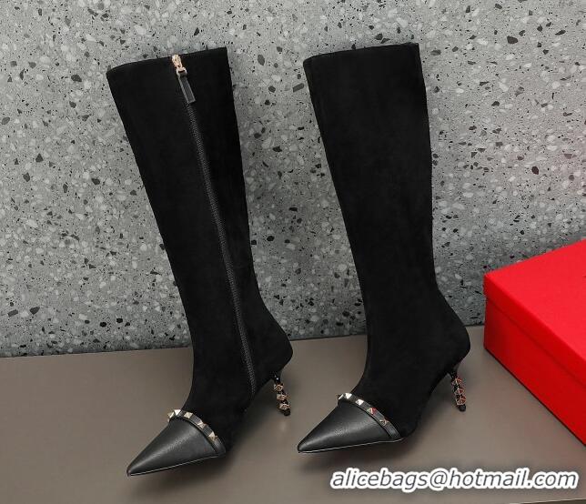 Good Quality Valentino Rockstud Stripe High Boots 7cm Black 101207