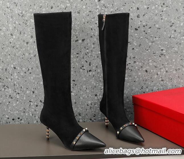 Good Quality Valentino Rockstud Stripe High Boots 7cm Black 101207