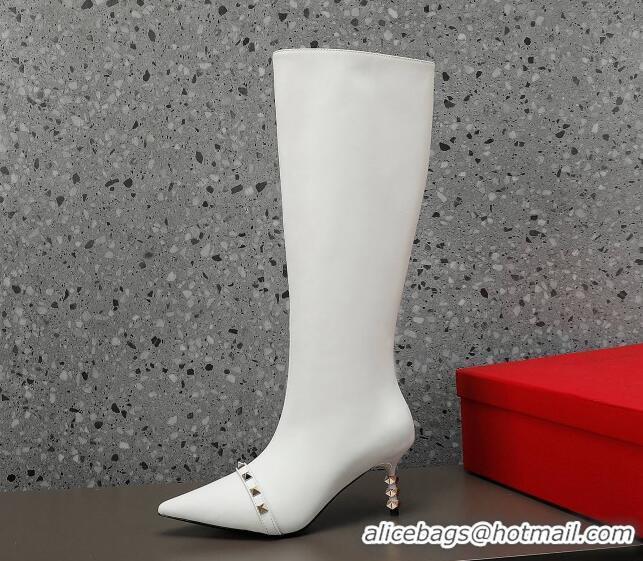 Best Product Valentino Rockstud Stripe Calfskin High Boots 7cm White 101208