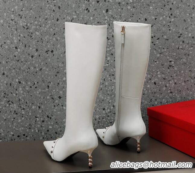 Best Product Valentino Rockstud Stripe Calfskin High Boots 7cm White 101208