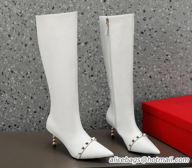 Best Product Valentino Rockstud Stripe Calfskin High Boots 7cm White 101208