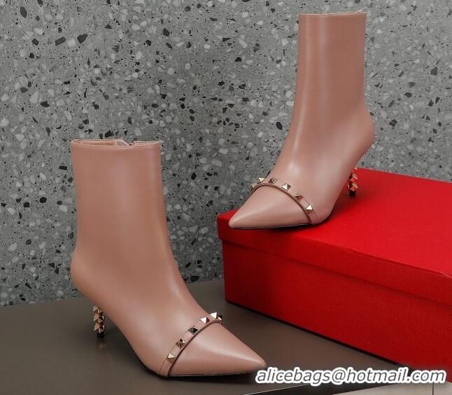 Charming Valentino Rockstud Stripe Calfskin Ankle Boots 7cm Dusty Pink 101213