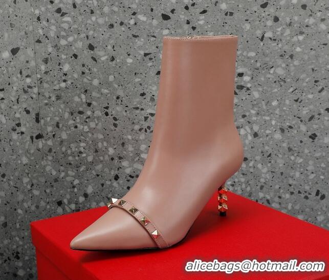 Charming Valentino Rockstud Stripe Calfskin Ankle Boots 7cm Dusty Pink 101213