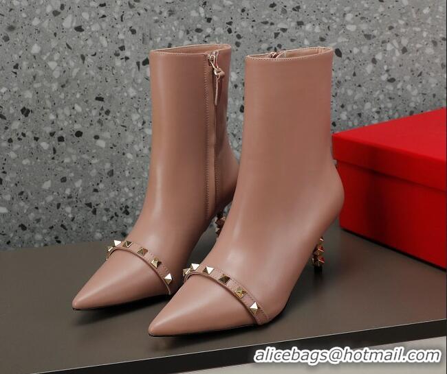 Charming Valentino Rockstud Stripe Calfskin Ankle Boots 7cm Dusty Pink 101213