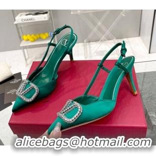 Best Grade Valentino Crystal VLogo Silk Slingback Pumps 7.5cm Green 101214