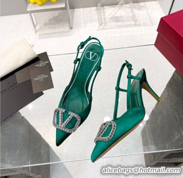 Best Grade Valentino Crystal VLogo Silk Slingback Pumps 7.5cm Green 101214