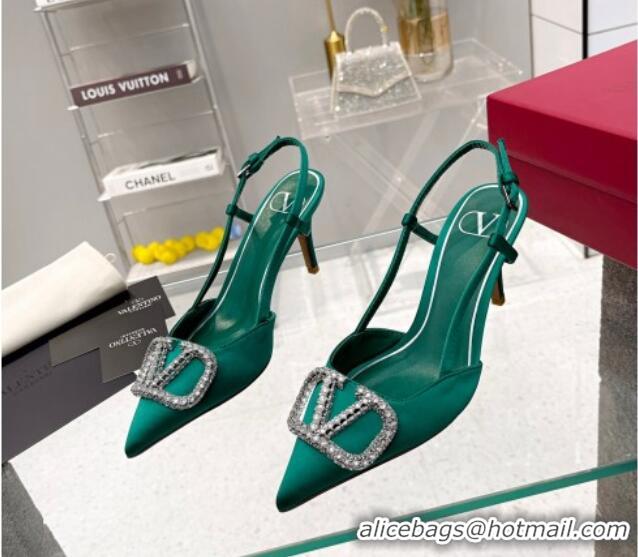 Best Grade Valentino Crystal VLogo Silk Slingback Pumps 7.5cm Green 101214