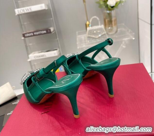 Best Grade Valentino Crystal VLogo Silk Slingback Pumps 7.5cm Green 101214