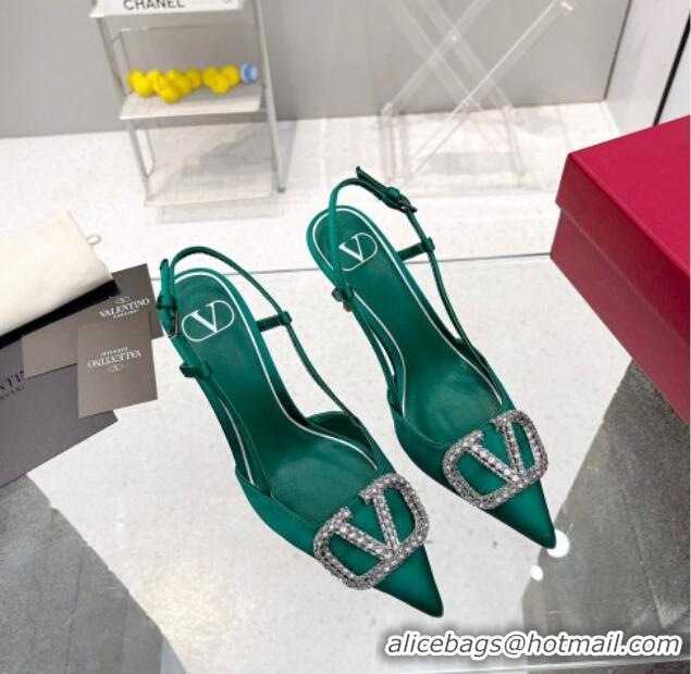 Best Grade Valentino Crystal VLogo Silk Slingback Pumps 7.5cm Green 101214