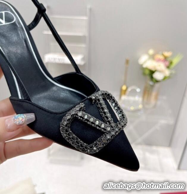 Sumptuous Valentino Crystal VLogo Silk Slingback Pumps 7.5cm All Black 101216