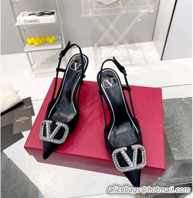 Charming Valentino Crystal VLogo Silk Slingback Pumps 7.5cm Black/Silver 101217