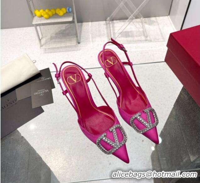 Good Looking Valentino Crystal VLogo Silk Slingback Pumps 7.5cm Dark Pink 101218