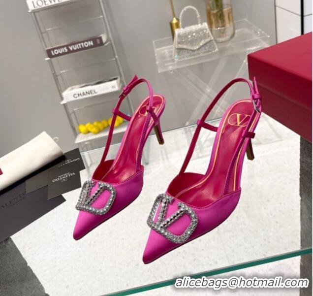 Good Looking Valentino Crystal VLogo Silk Slingback Pumps 7.5cm Dark Pink 101218