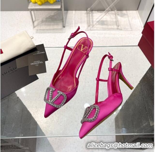 Good Looking Valentino Crystal VLogo Silk Slingback Pumps 7.5cm Dark Pink 101218