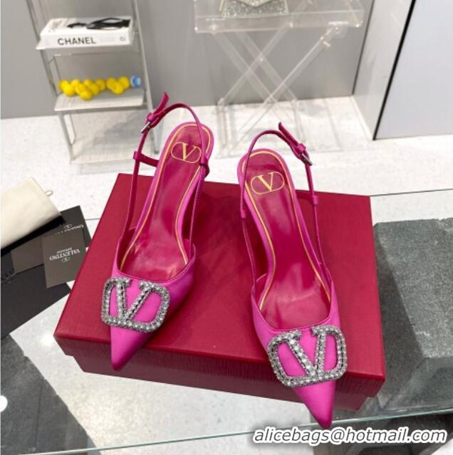 Good Looking Valentino Crystal VLogo Silk Slingback Pumps 7.5cm Dark Pink 101218