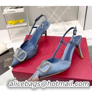 Unique Style Valentino Crystal VLogo Silk Slingback Pumps 7.5cm Denim Blue 101219