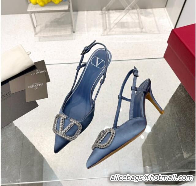 Unique Style Valentino Crystal VLogo Silk Slingback Pumps 7.5cm Denim Blue 101219