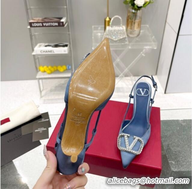 Unique Style Valentino Crystal VLogo Silk Slingback Pumps 7.5cm Denim Blue 101219