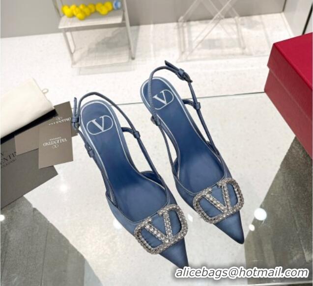 Unique Style Valentino Crystal VLogo Silk Slingback Pumps 7.5cm Denim Blue 101219