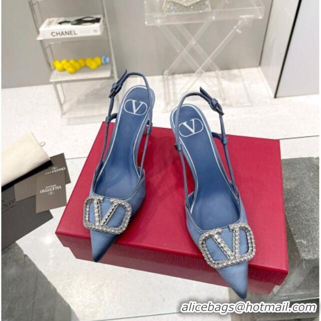 Unique Style Valentino Crystal VLogo Silk Slingback Pumps 7.5cm Denim Blue 101219