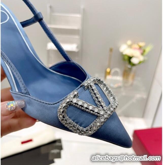 Unique Style Valentino Crystal VLogo Silk Slingback Pumps 7.5cm Denim Blue 101219