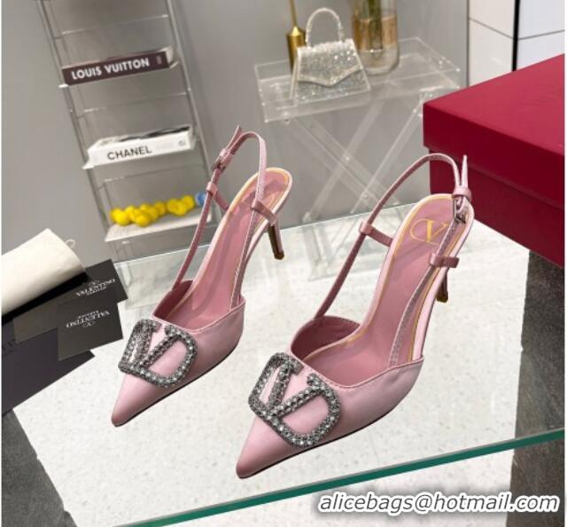 Top Design Valentino Crystal VLogo Silk Slingback Pumps 7.5cm Light Pink 101220