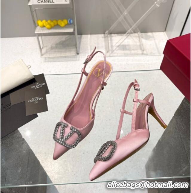 Top Design Valentino Crystal VLogo Silk Slingback Pumps 7.5cm Light Pink 101220