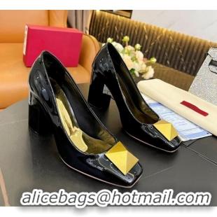 Classic Hot Valentino Roman Stud Patent Leather Medium Heel Pumps 6cm Black 110303