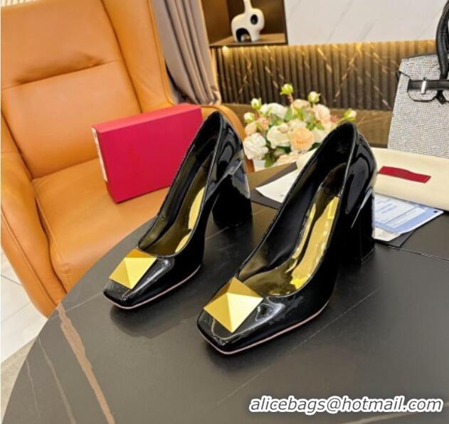 Classic Hot Valentino Roman Stud Patent Leather Medium Heel Pumps 6cm Black 110303