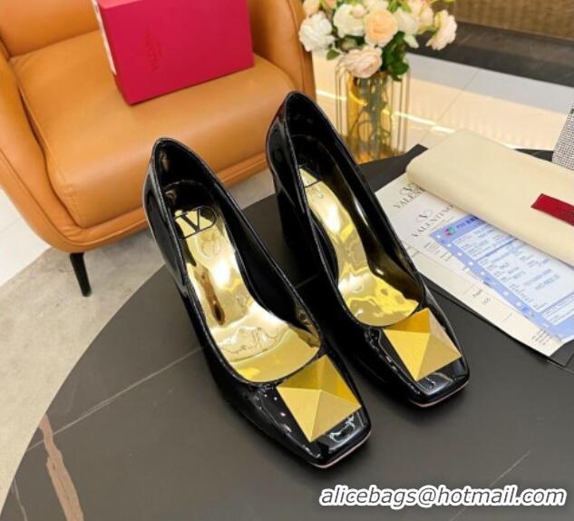 Classic Hot Valentino Roman Stud Patent Leather Medium Heel Pumps 6cm Black 110303