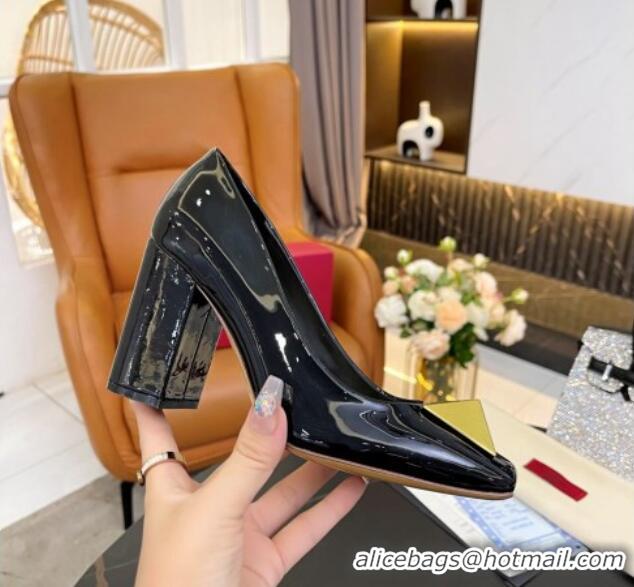 Classic Hot Valentino Roman Stud Patent Leather Medium Heel Pumps 6cm Black 110303