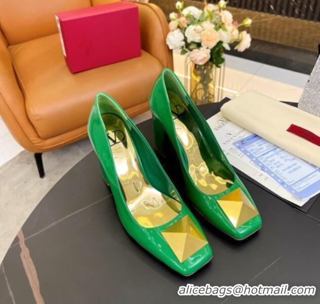 Perfect Valentino Roman Stud Patent Leather Medium Heel Pumps 6cm Green 110304