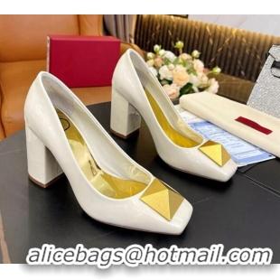 Pretty Style Valentino Roman Stud Patent Leather Medium Heel Pumps 6cm White 110305