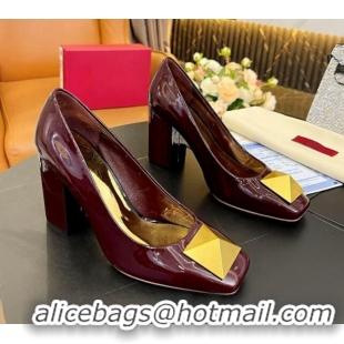 Top Grade Valentino Roman Stud Patent Leather Medium Heel Pumps 6cm Burgundy 2110307