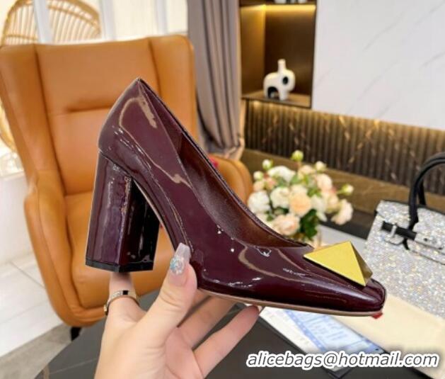 Top Grade Valentino Roman Stud Patent Leather Medium Heel Pumps 6cm Burgundy 2110307