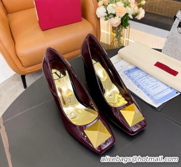 Top Grade Valentino Roman Stud Patent Leather Medium Heel Pumps 6cm Burgundy 2110307