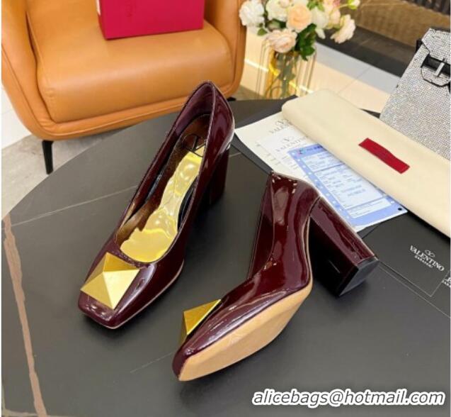 Top Grade Valentino Roman Stud Patent Leather Medium Heel Pumps 6cm Burgundy 2110307