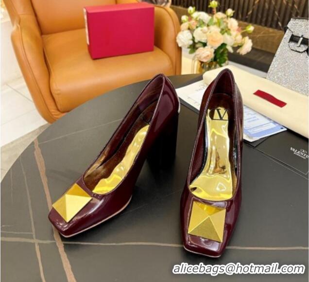 Top Grade Valentino Roman Stud Patent Leather Medium Heel Pumps 6cm Burgundy 2110307