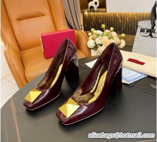 Top Grade Valentino Roman Stud Patent Leather Medium Heel Pumps 6cm Burgundy 2110307