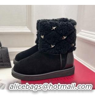 Popular Style Valentino Roman Stud Quilted Ankle Boots in Slit Suede and Wool Black 110311