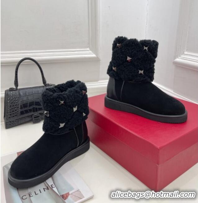 Popular Style Valentino Roman Stud Quilted Ankle Boots in Slit Suede and Wool Black 110311