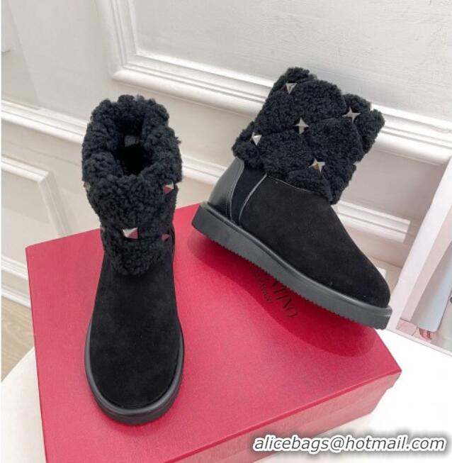 Popular Style Valentino Roman Stud Quilted Ankle Boots in Slit Suede and Wool Black 110311